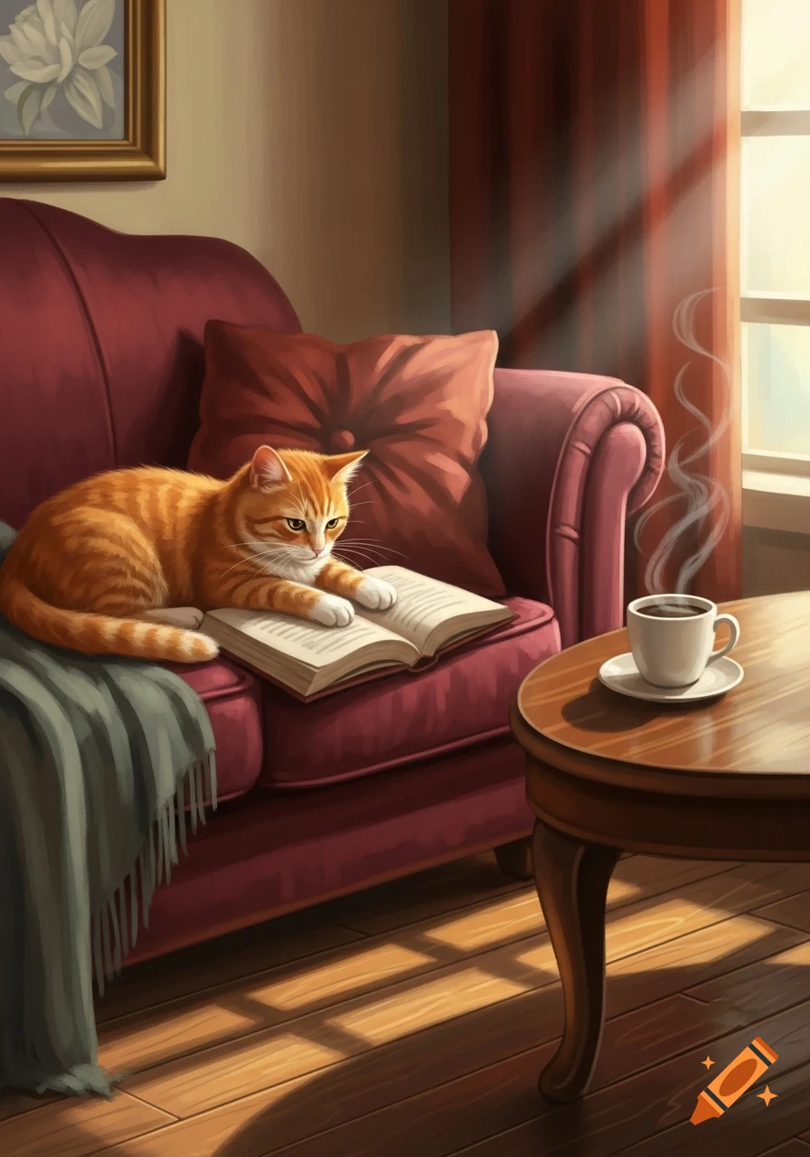 An orange tabby cat lying on a red sofa, looking at an open book with a steaming cup of coffee on a table nearby. Sunlight streams from a window.