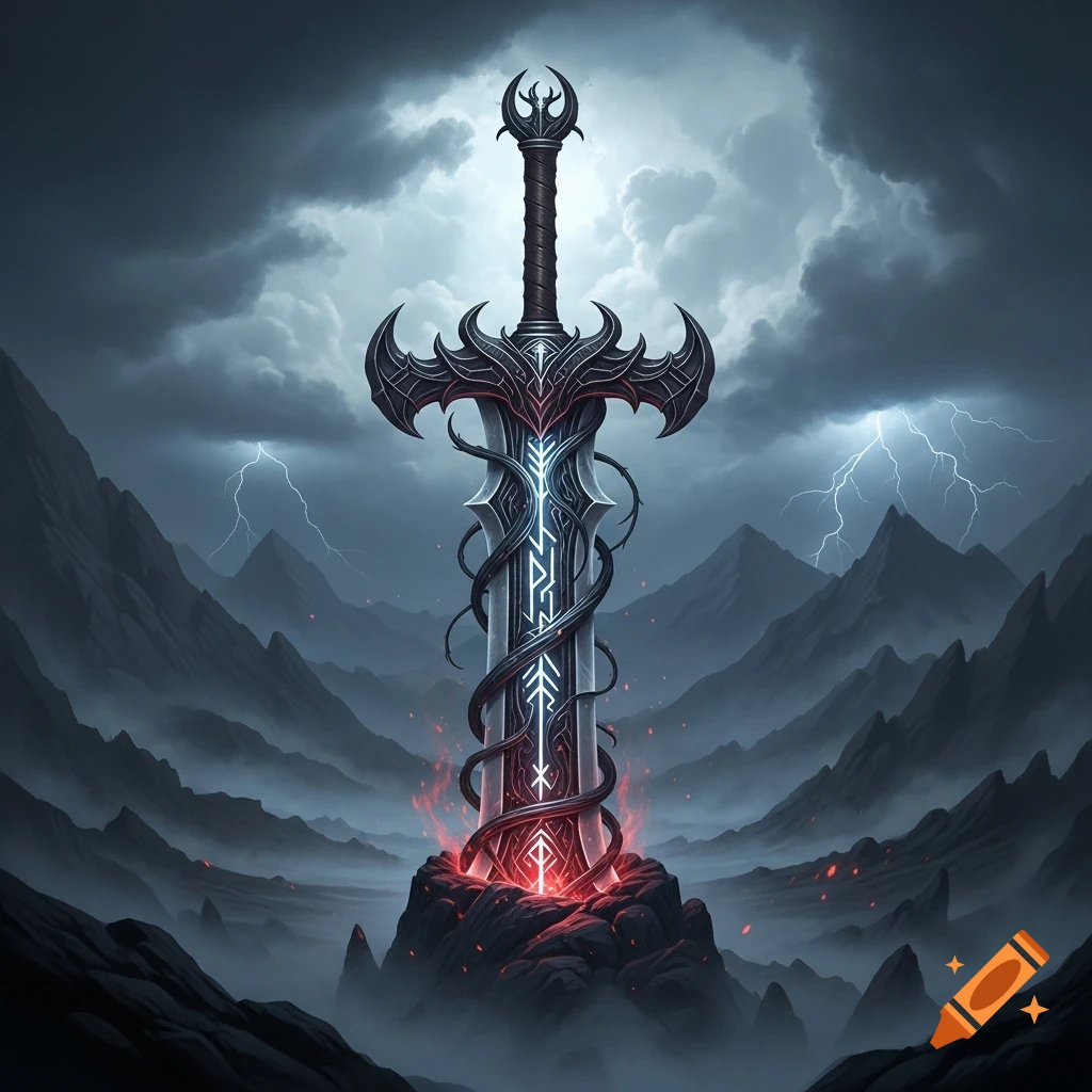 A dark fantasy sword with glowing blue and red runes impaled in a fiery rock, set against misty mountains and a stormy, lightning-filled sky.