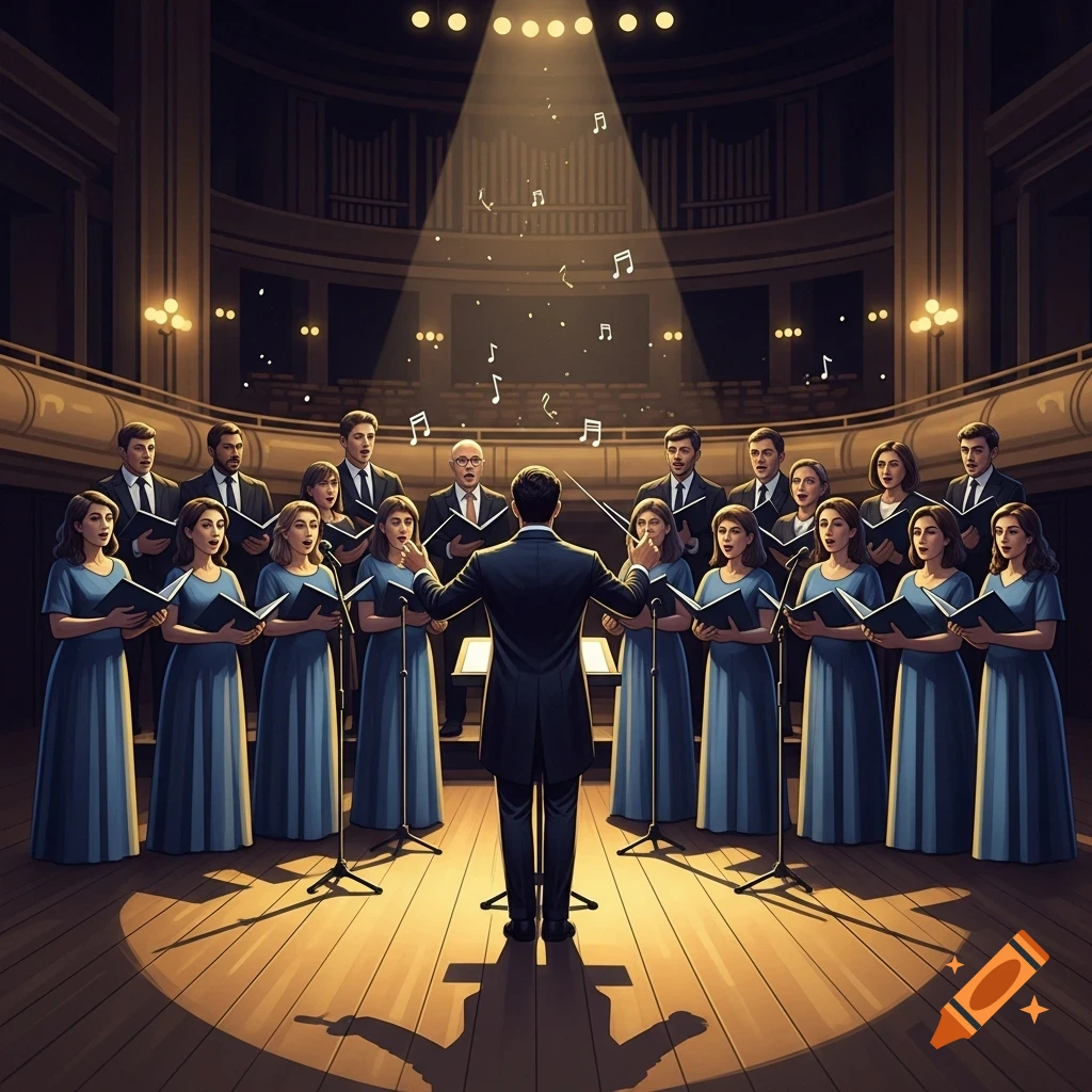 A conductor leads a choir in blue robes on a stage in a concert hall under a spotlight, with musical notes floating.
