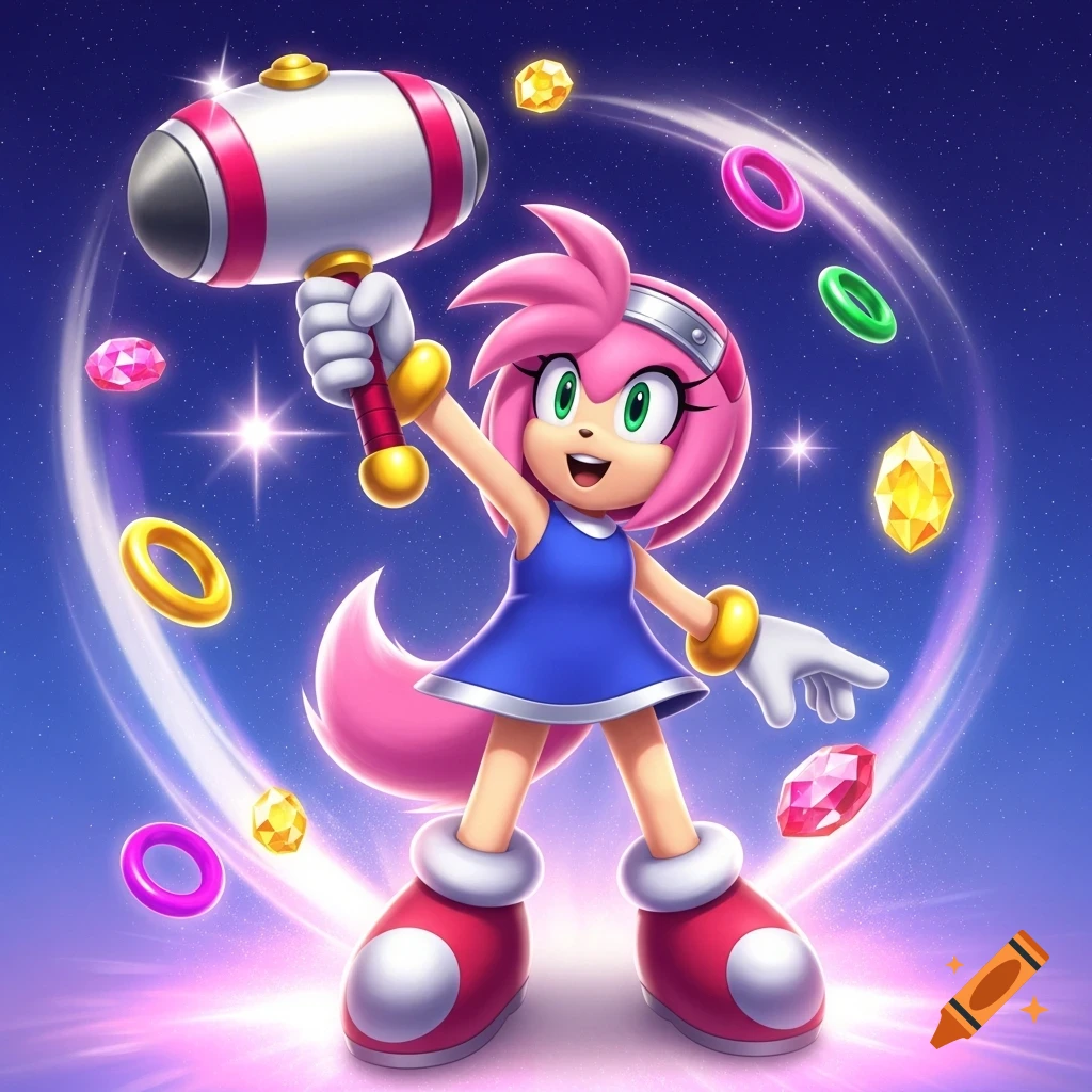 Vibrant cartoon of Amy Rose from Sonic the Hedgehog, smiling while holding a large hammer, surrounded by glowing rings and gems against a starry cosmic background.