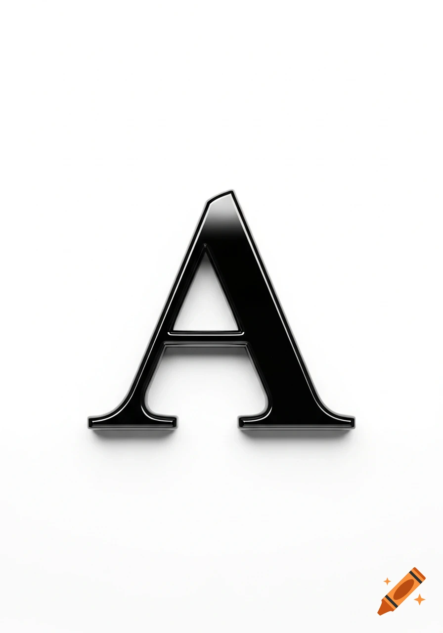 A shiny, black, serif letter 'A' with reflections and shadows on a white background.