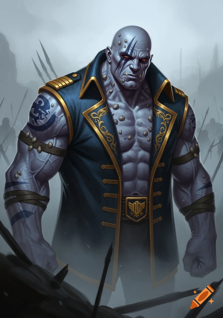 A bald, blue-grey skinned barbarian with red eyes and stony protrusions, wearing a blue admiral jacket, stands amidst a foggy battleground.