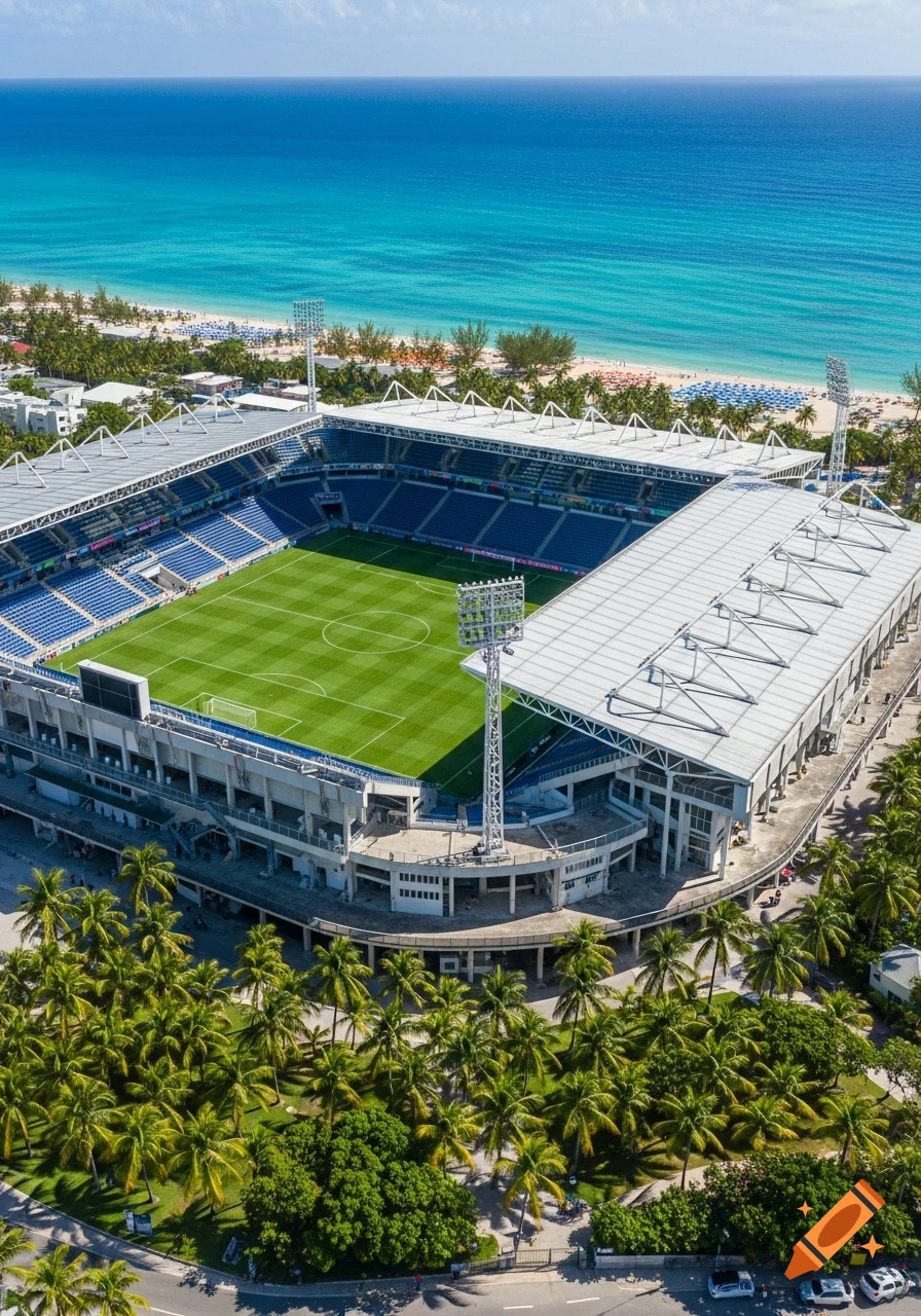 Aerial view of a football stadium next to a vibrant blue ocean beach, surrounded by palm trees under a sunny sky.
