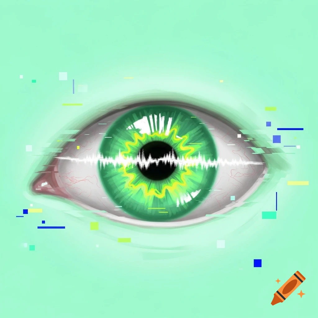 A close-up of a glitchy light green eye with a wavy iris and digital artifacts on a mint green background.