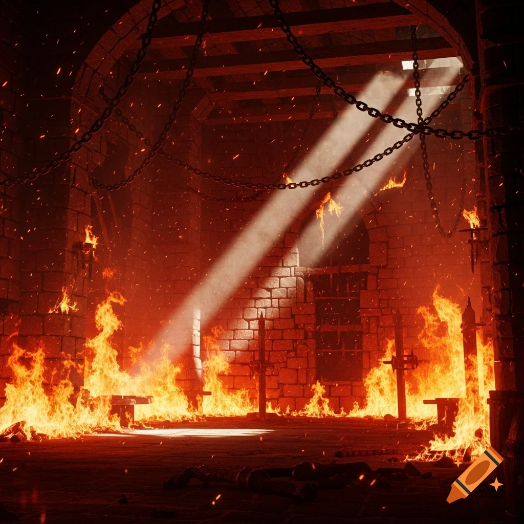 A dark dungeon room engulfed in roaring flames, with heavy chains hanging from the ceiling and bright light rays piercing through an opening.