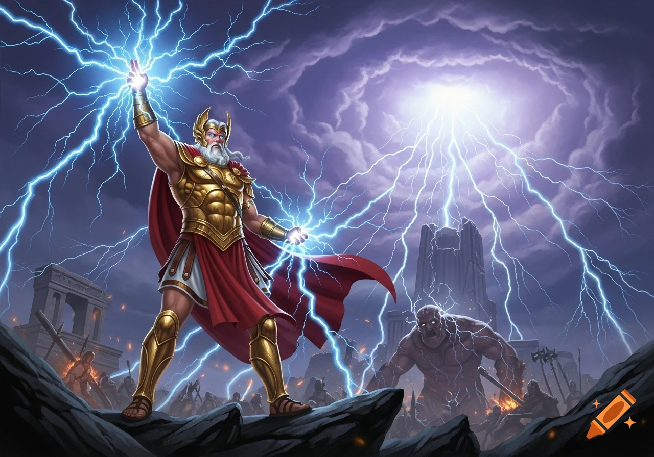 A god-like figure resembling Zeus with golden armor and a red cape hurls lightning at a titan on a rocky battlefield under a stormy sky.