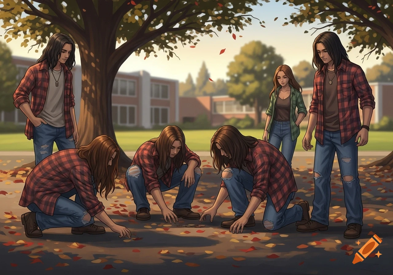 Multiple long-haired teenagers in flannel shirts and ripped jeans search for something on an asphalt path covered in autumn leaves in a schoolyard setting, cartoon style.