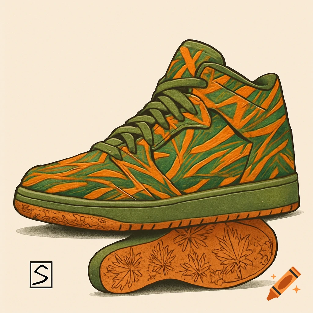 An illustrated streetwear sneaker with a green sole and a pattern of orange and green abstract lines, with maple leaves on the outsole, and a stylized 'S' logo in the bottom left.