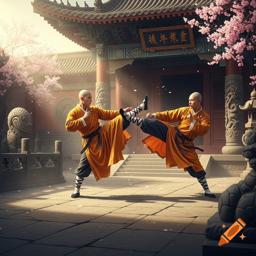 Two bald Shaolin monks in yellow robes practice martial arts with high kicks in a sunny Chinese temple courtyard with cherry blossoms.