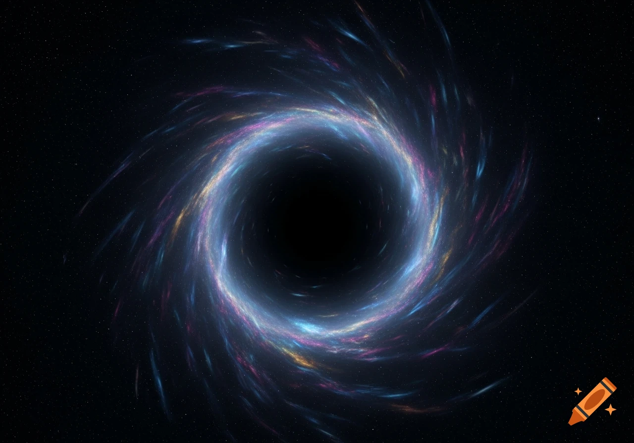 A stylized swirling black hole or cosmic vortex with luminous blue, purple, and gold tendrils against a star-filled dark space.