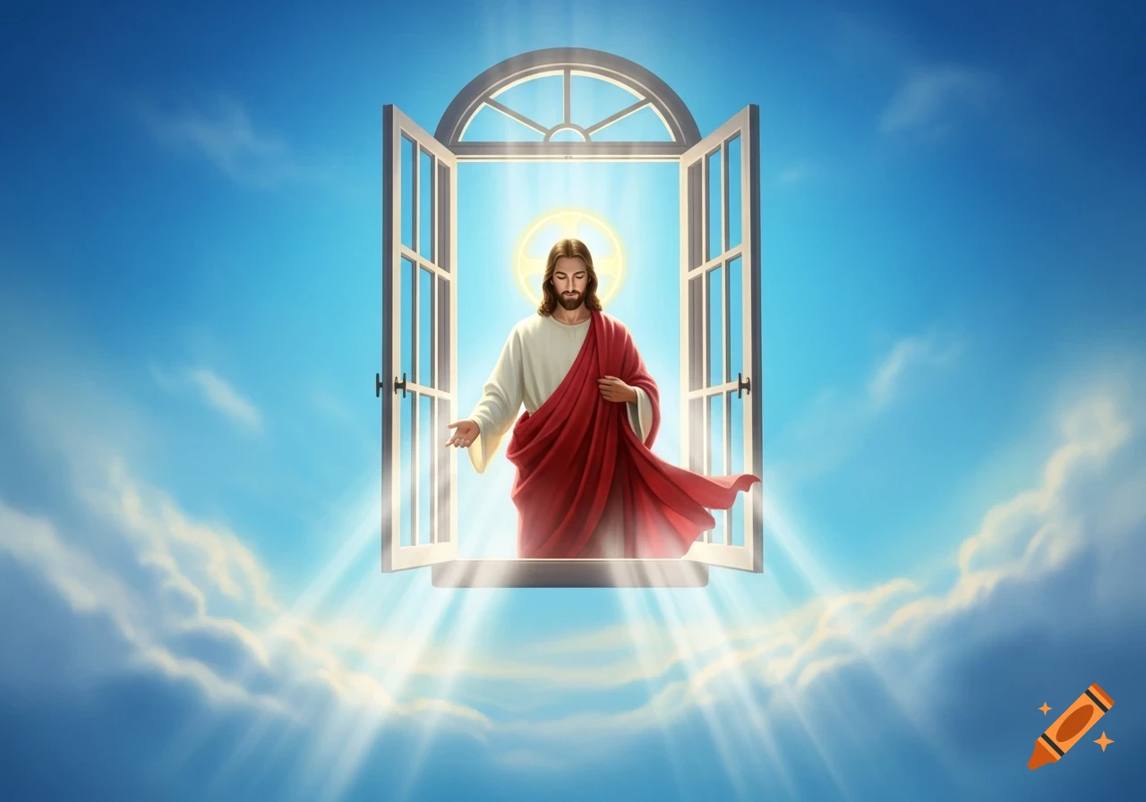Jesus Christ stands in an open window amidst bright blue skies and clouds, with divine light rays emanating.