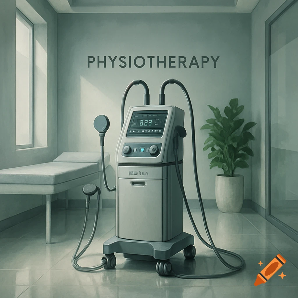 A modern physiotherapy machine with wires and handheld devices in a clean, minimalist room with a bed and a plant. Text "PHYSIOTHERAPY" is on the wall.