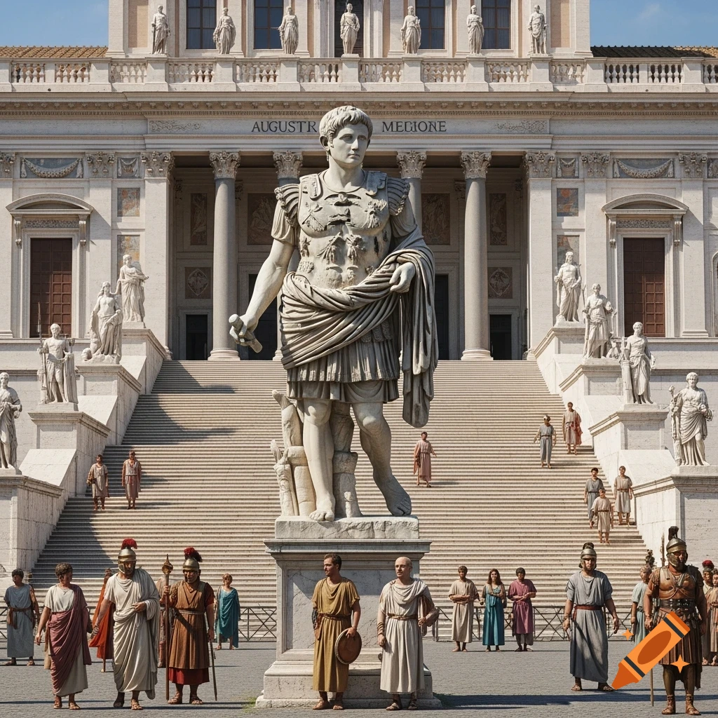 A magnificent marble statue of Emperor Augustus stands before a grand, classical Roman palace with many people present.