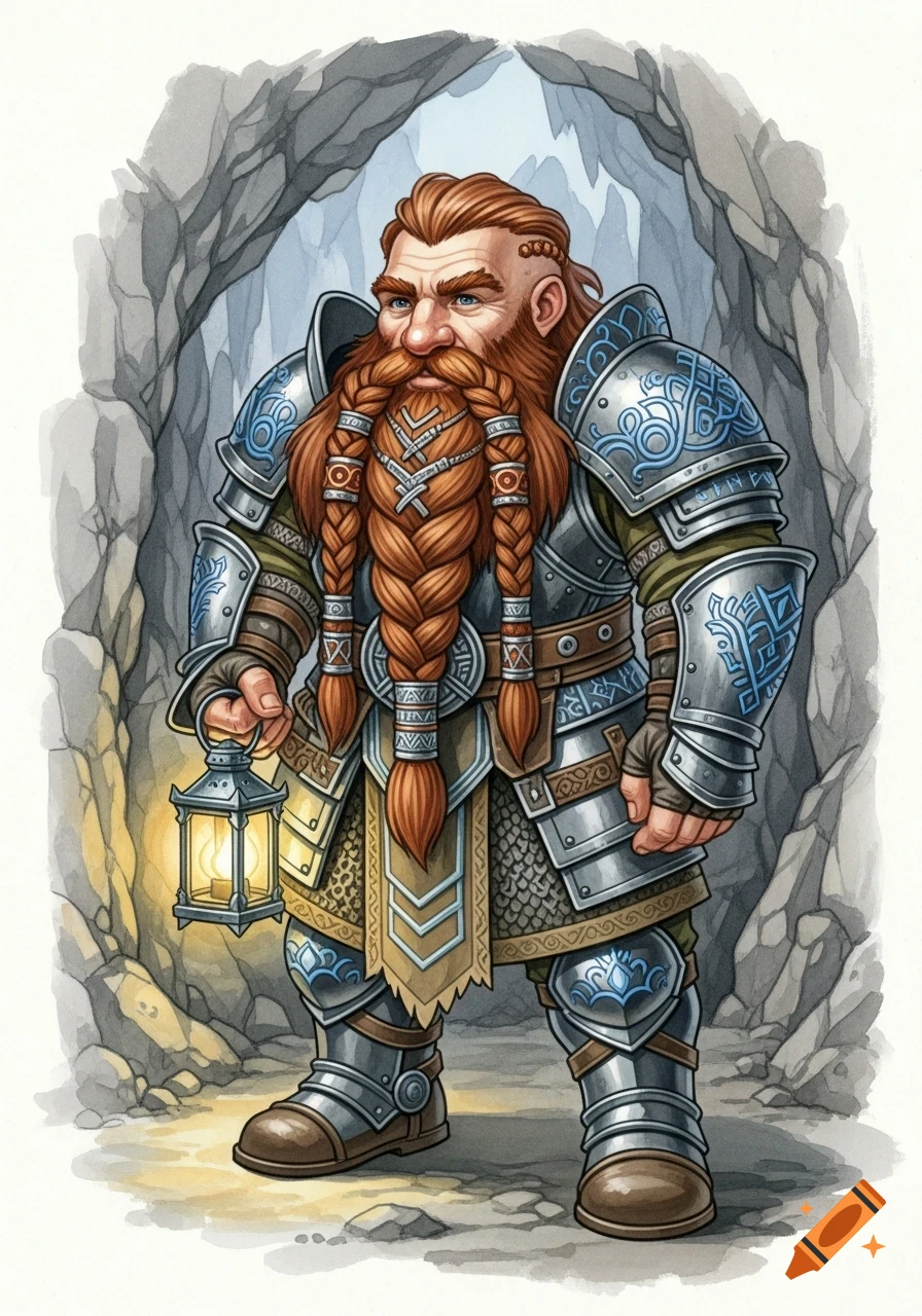 Watercolor illustration of a dwarf in detailed armor with a long braided red beard, holding a lit lantern inside a rocky cave.