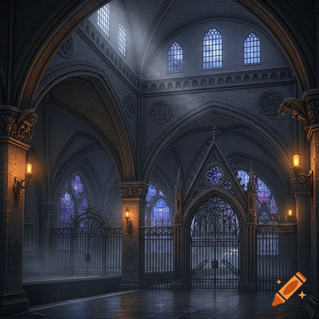 Dimly lit, grand gothic interior with arched ceilings, intricate stone work, stained glass windows, and ornate metal gates.