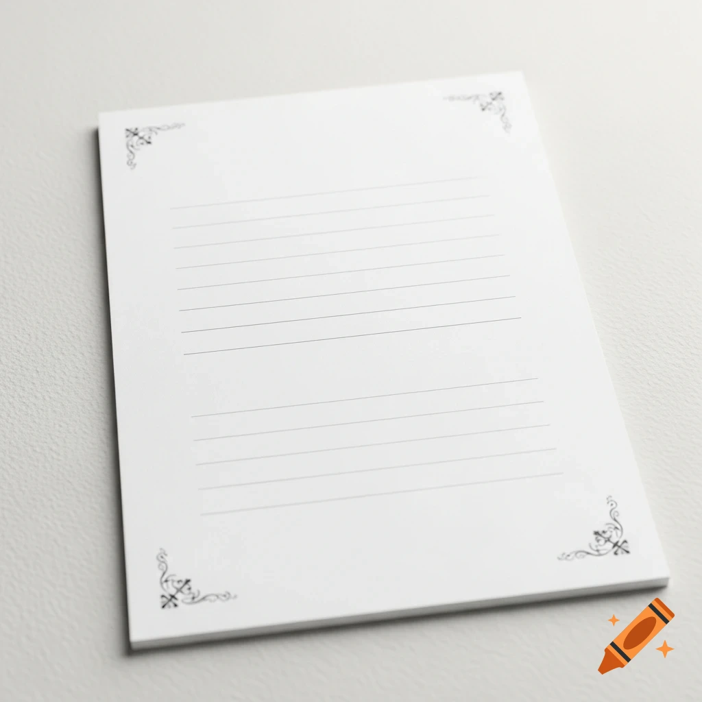 A semi-realistic illustration of a blank, lined sheet of paper with decorative symbols in the corners, set on a light background.