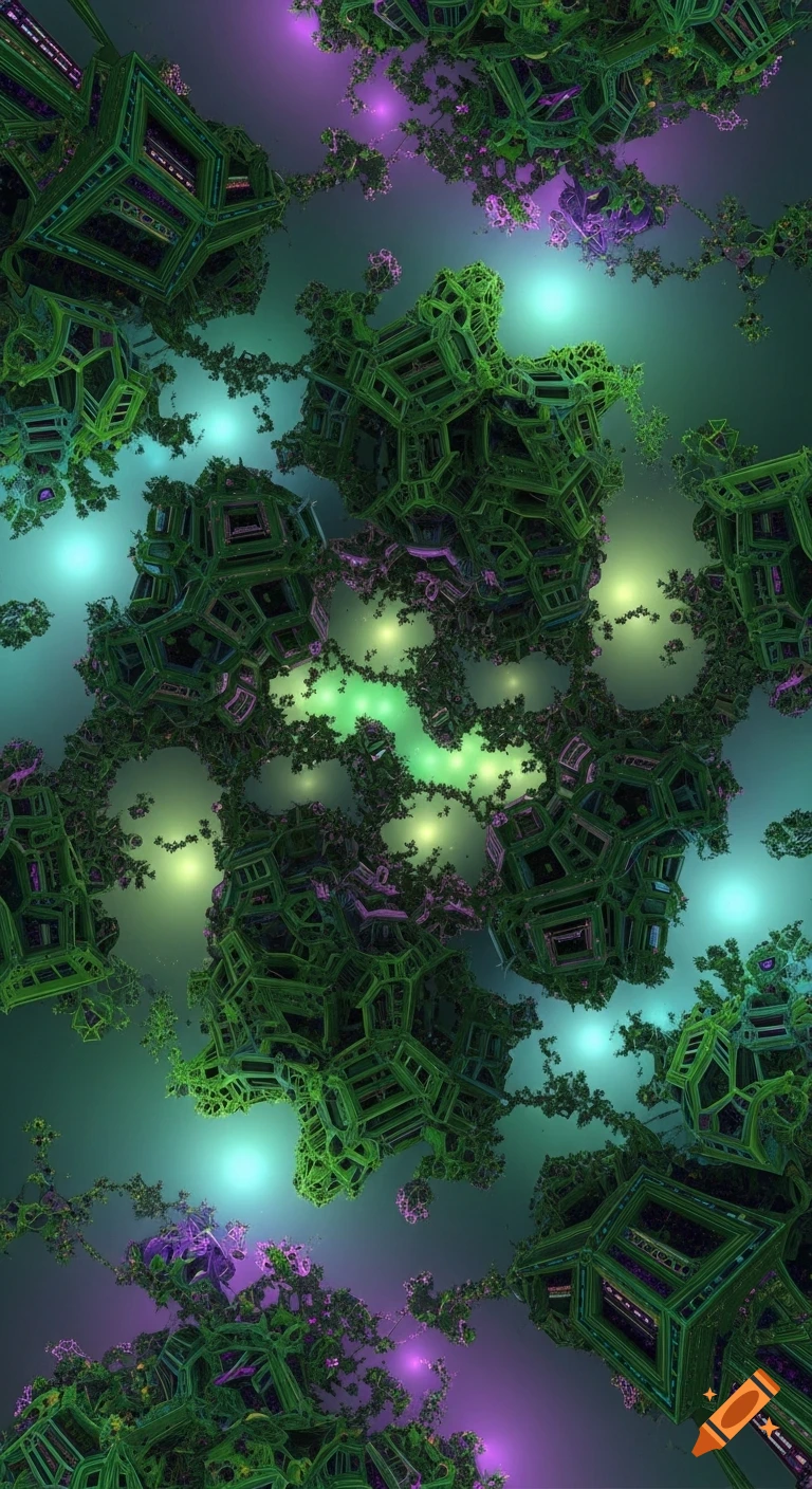 Abstract fractal alien architecture in shades of green and purple, glowing with teal and yellow light, creating a surreal psychedelic effect.