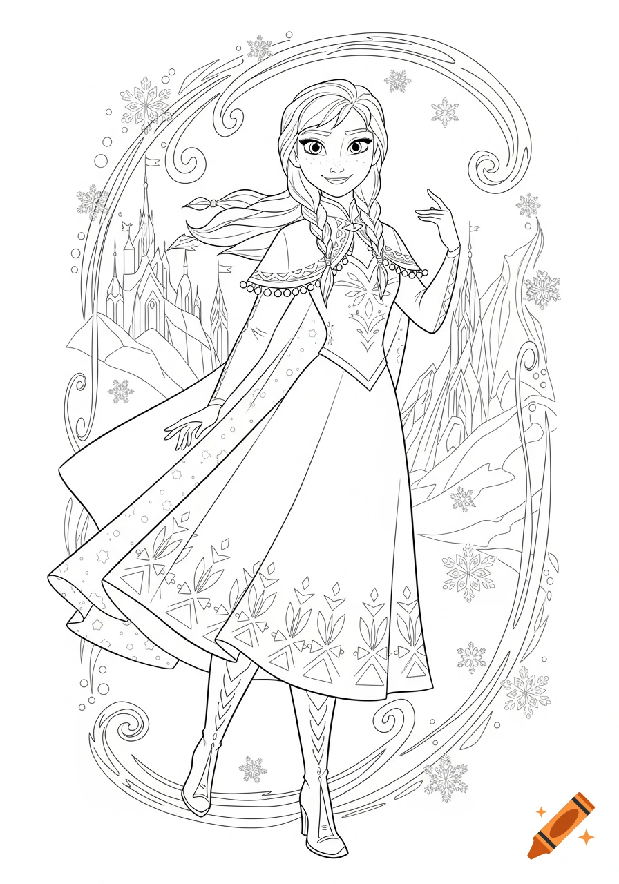 A black and white line art coloring page of Anna from Frozen, wearing a long dress and cape, surrounded by snowflakes and a castle in the background.