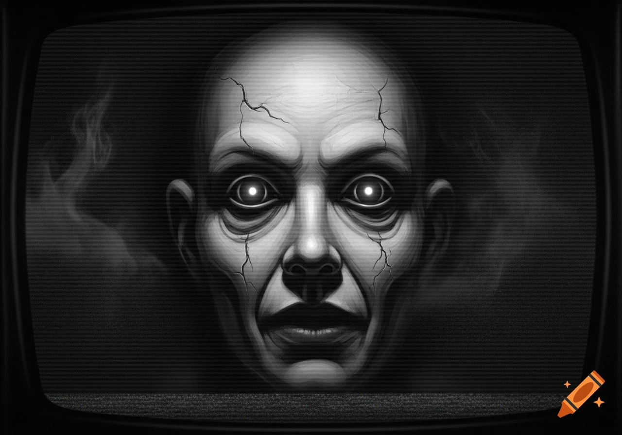 An eerie, cracked, bald face with glowing eyes staring out from a grainy, static-filled black and white television screen.