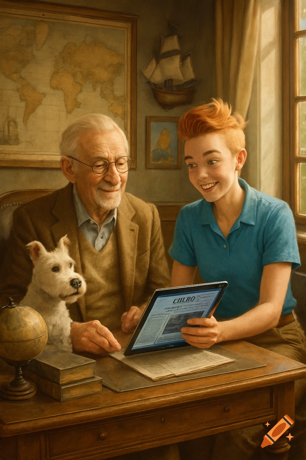 An old man, a young red-haired person, and a white dog look at a tablet on a wooden desk, in a painterly style.
