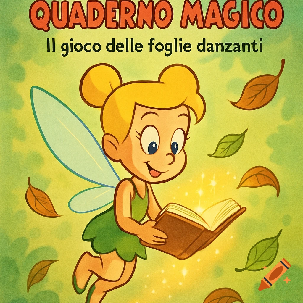 A blonde cartoon fairy with wings floats, reading a glowing book amidst falling autumn leaves. The title reads 'QUADERNO MAGICO'.
