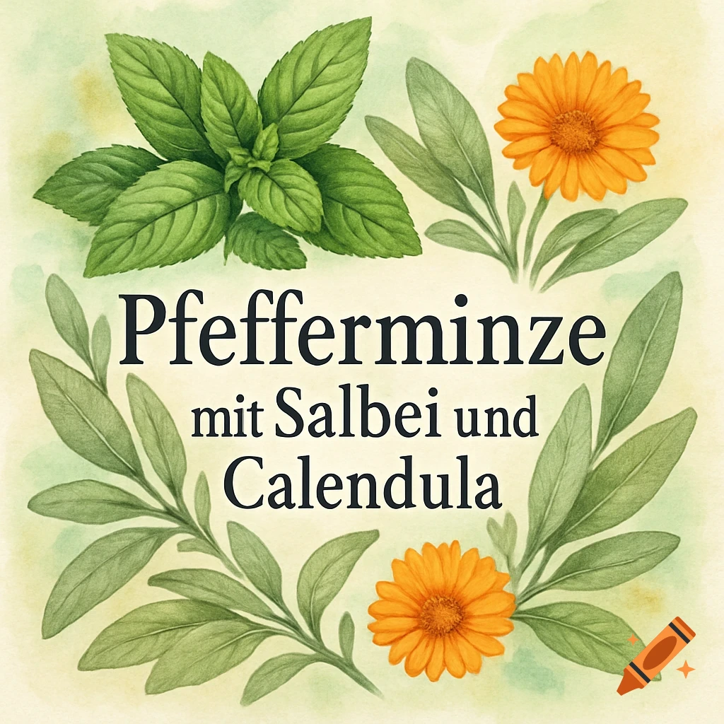 Watercolor illustration of peppermint leaves, sage branches, and orange calendula flowers with the German text "Pfefferminze mit Salbei und Calendula".