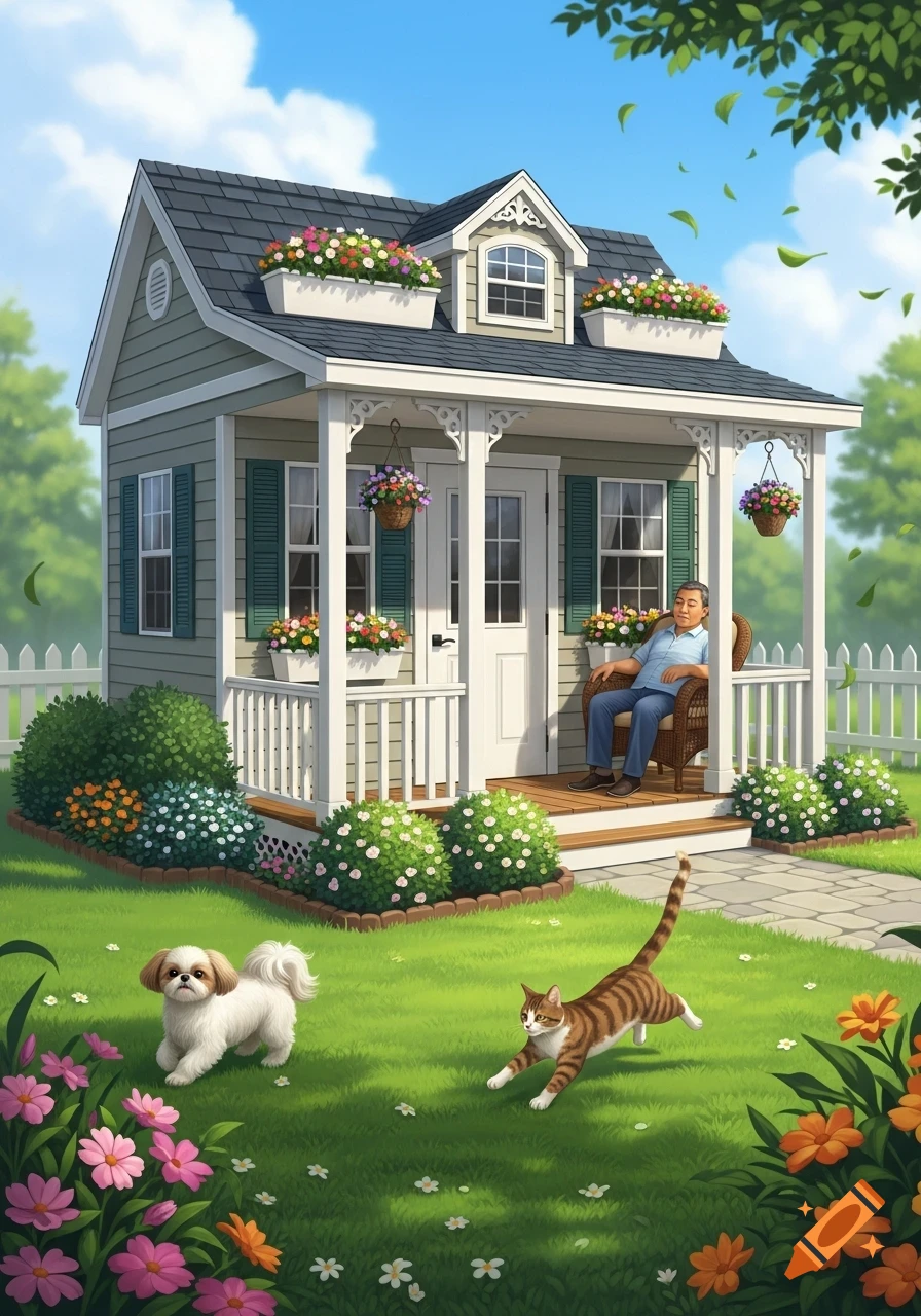 Cartoon cottage with a sleeping man on the porch, a shih tzu, and a tabby cat playing in a sunny garden with flowers.