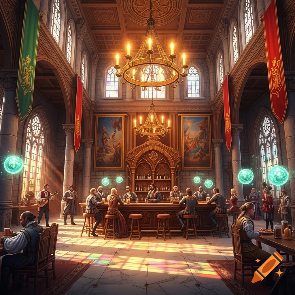 People socialize and drink in a grand fantasy tavern with ornate chandeliers and colored light from stained glass windows.