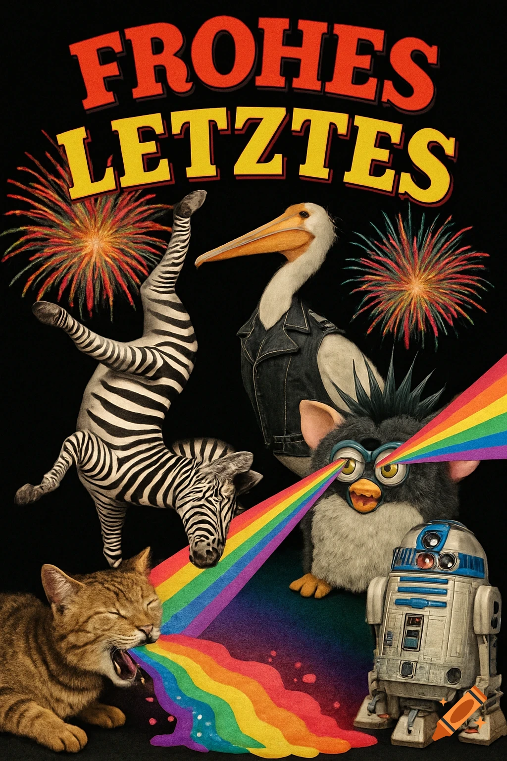 A surreal collage with a breakdancing zebra, pelican in vest, rainbow-vomiting cat, laser-eyed Furby, R2D2, fireworks, and text "FROHES LETZTES" on black.