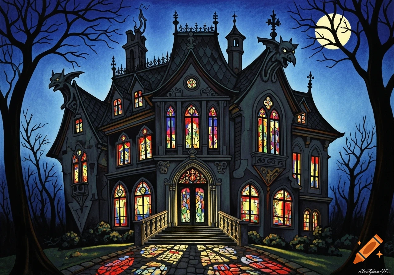 A grand, dark gothic mansion with colorful illuminated stained glass windows, gargoyles, and bare trees under a full moon in a stylized art style.