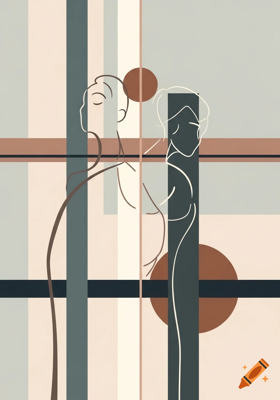Minimalist abstract artwork featuring two outlined figures against a background of muted geometric shapes in beige, brown, and blue-gray.