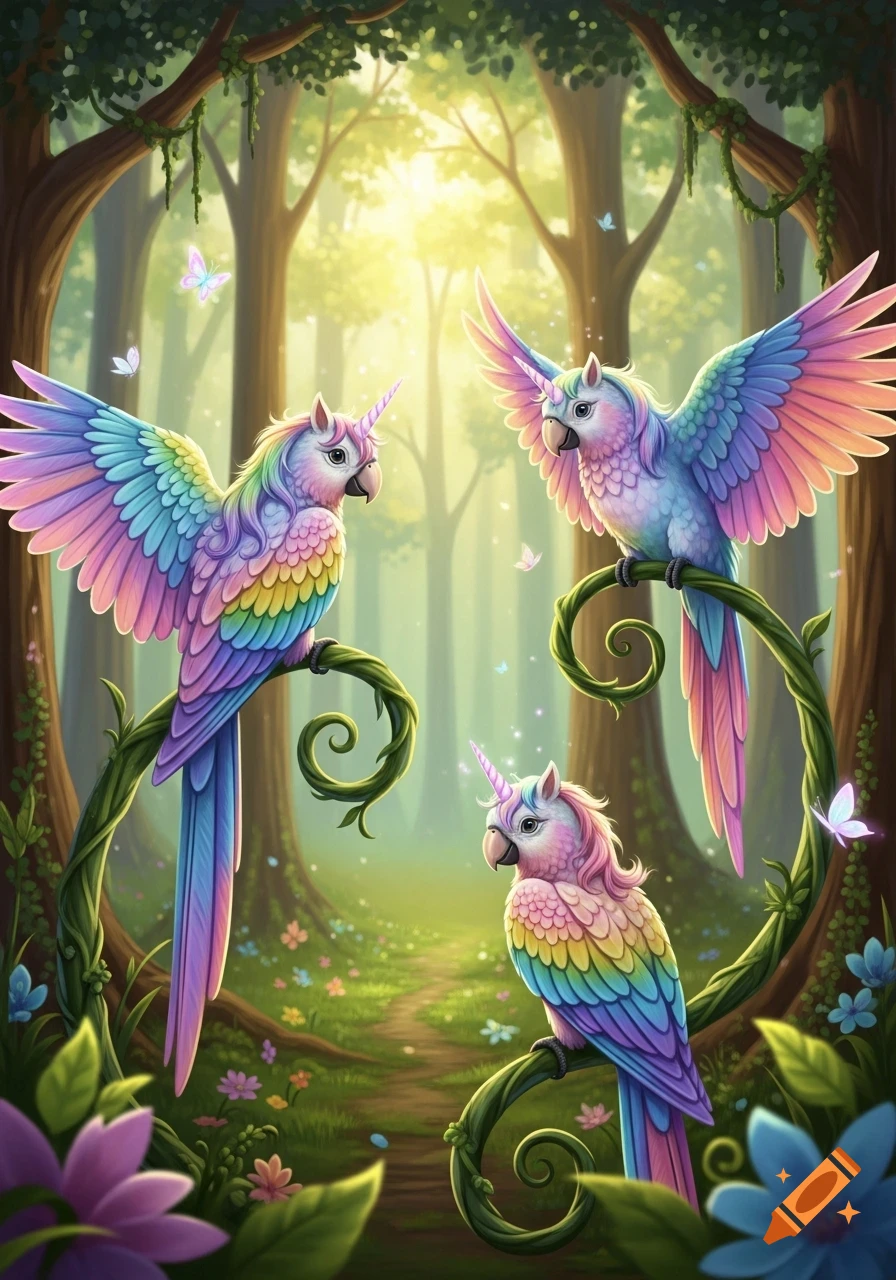 Three whimsical, colorful unicorn parrots with rainbow wings perch on winding vines in an enchanted, sunlit forest.