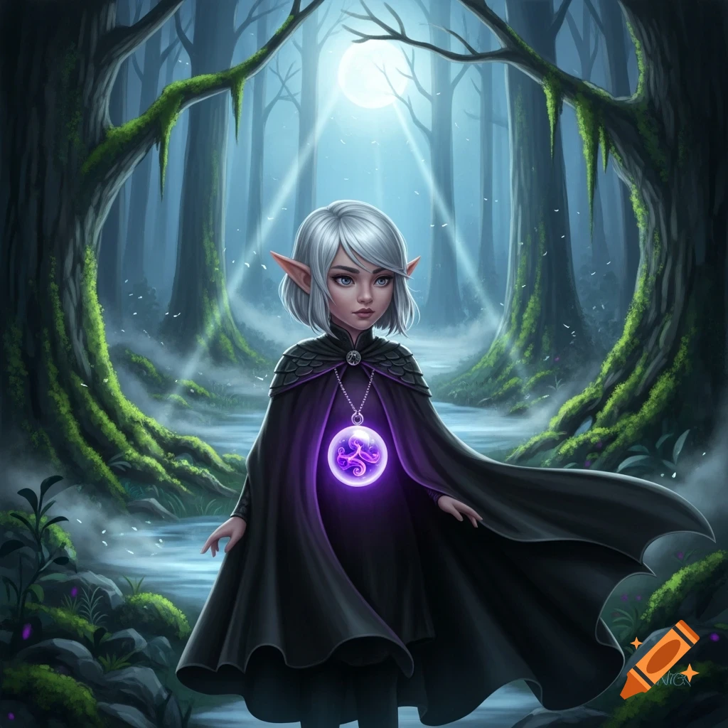 An elf with short white hair and a black cape stands in a mystical forest, holding a glowing purple orb pendant.
