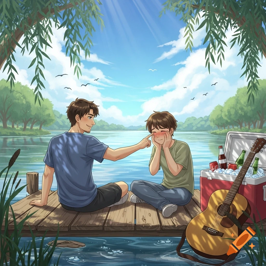 Two anime men on a dock by a lake, one playfully poking the other's blushing cheek. A guitar and cooler are nearby.