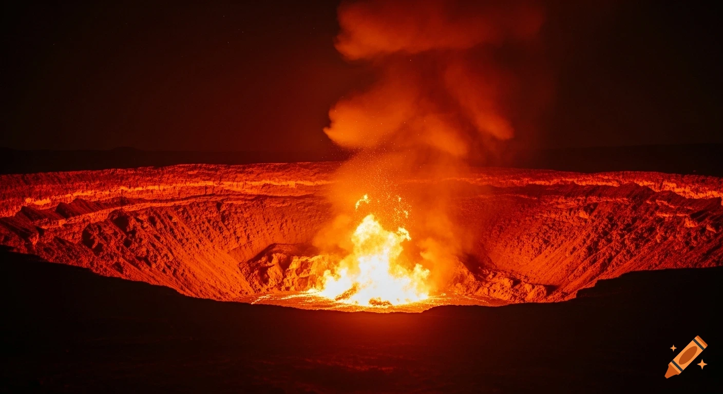A massive, fiery volcanic crater erupts at night, glowing with intense orange and red flames and thick smoke under a dark sky.