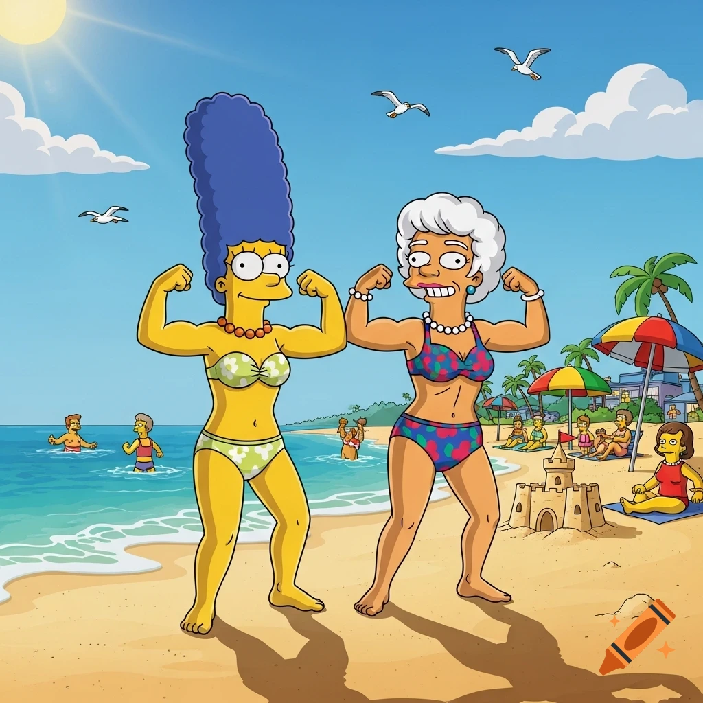 Marge Simpson and her white-haired mother, in The Simpsons cartoon style, flex their muscular arms in bikinis on a sunny beach.
