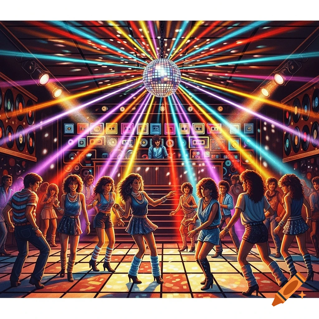 Vibrant 80s disco scene with people dancing under colorful lights and a disco ball, in an illustrative style.