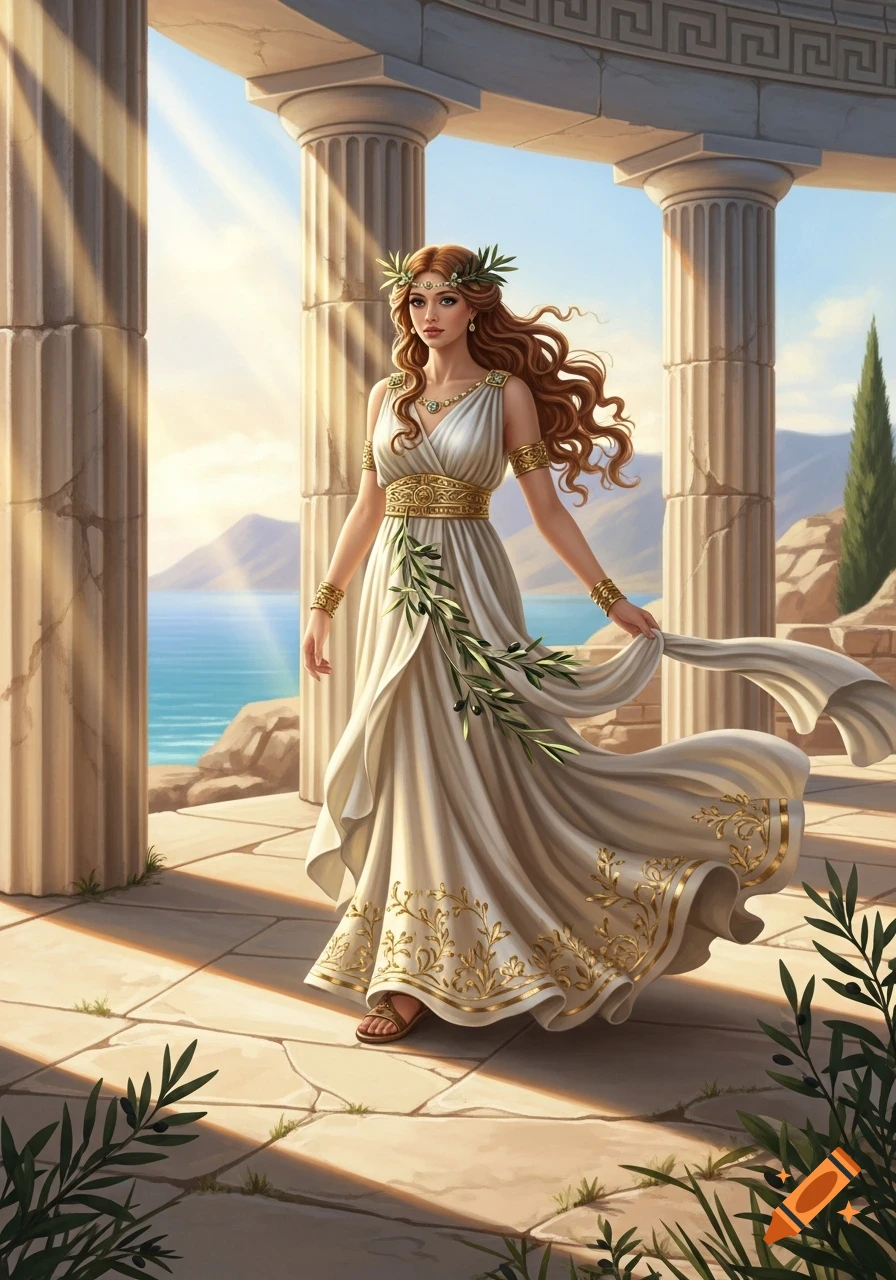 A beautiful maiden in a flowing white and gold Greek dress and olive wreath stands on a temple patio overlooking the sea at sunset.