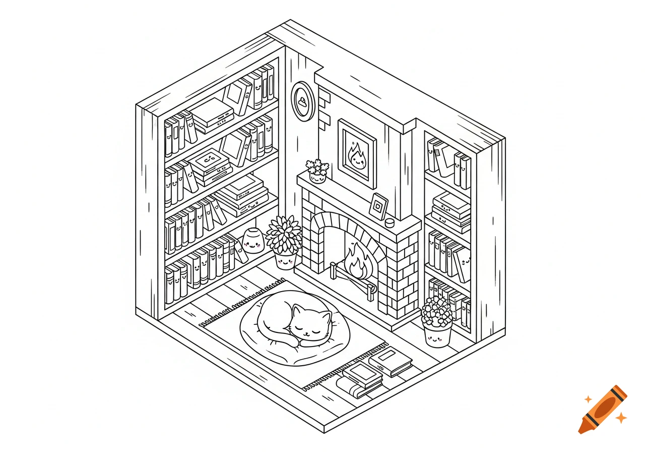 An isometric kawaii line art illustration for a coloring book of a cozy reading room with bookshelves, a fireplace, and a sleeping cat on a rug.