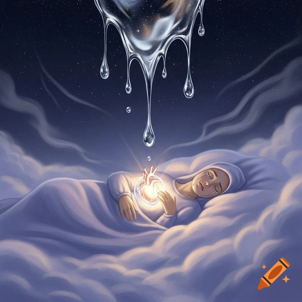 A woman cries while lying on clouds under a starry night sky, holding a glowing heart as water drips from a heart-shaped form above her.