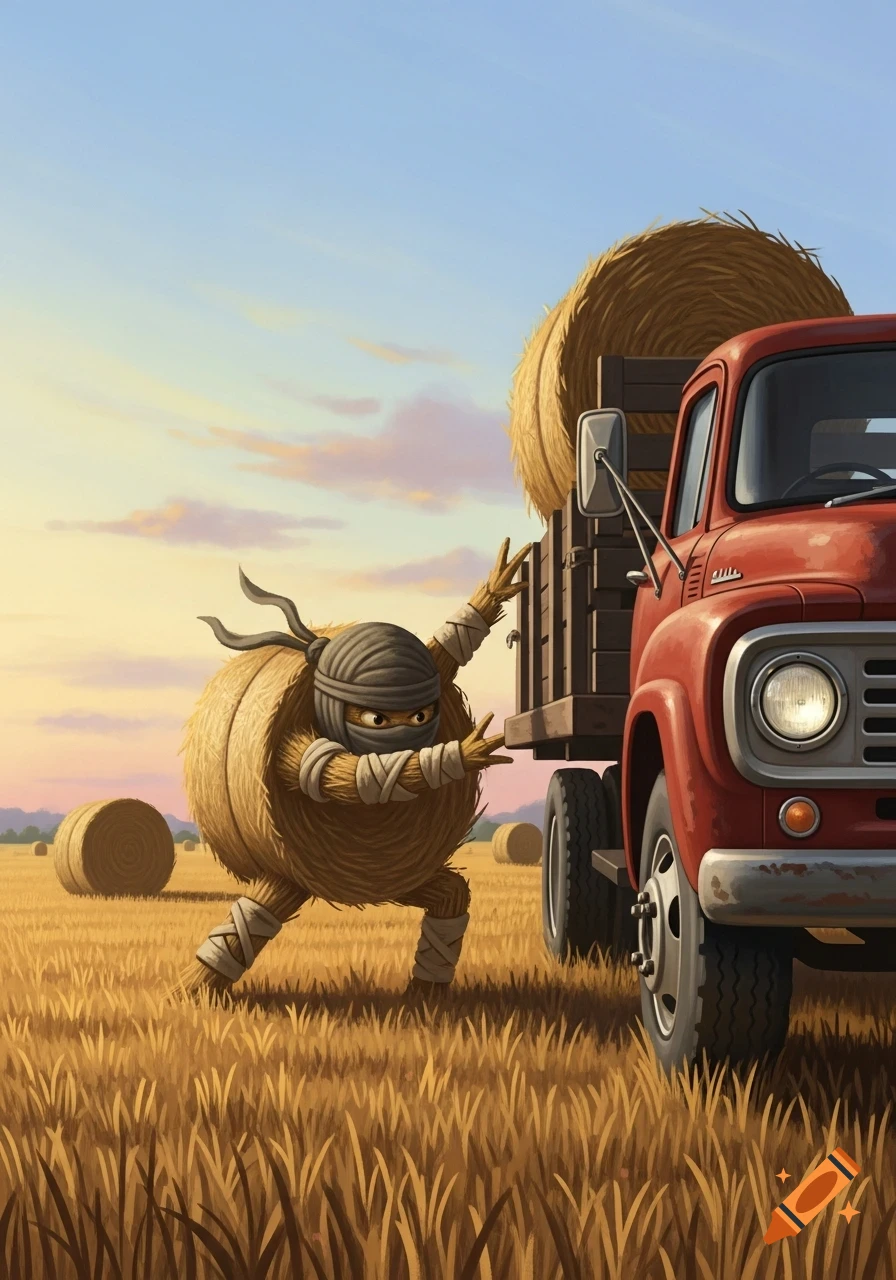 An illustrated hay bale ninja crouches in a field at sunset, sneaking up on a red farm truck.