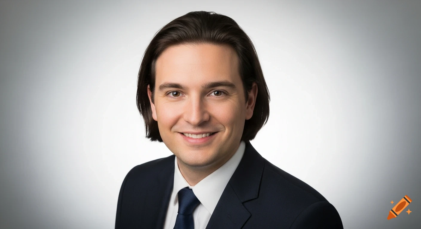 A smiling man in a dark suit and blue tie, with dark shoulder-length hair, poses for a corporate headshot against a light gray background.