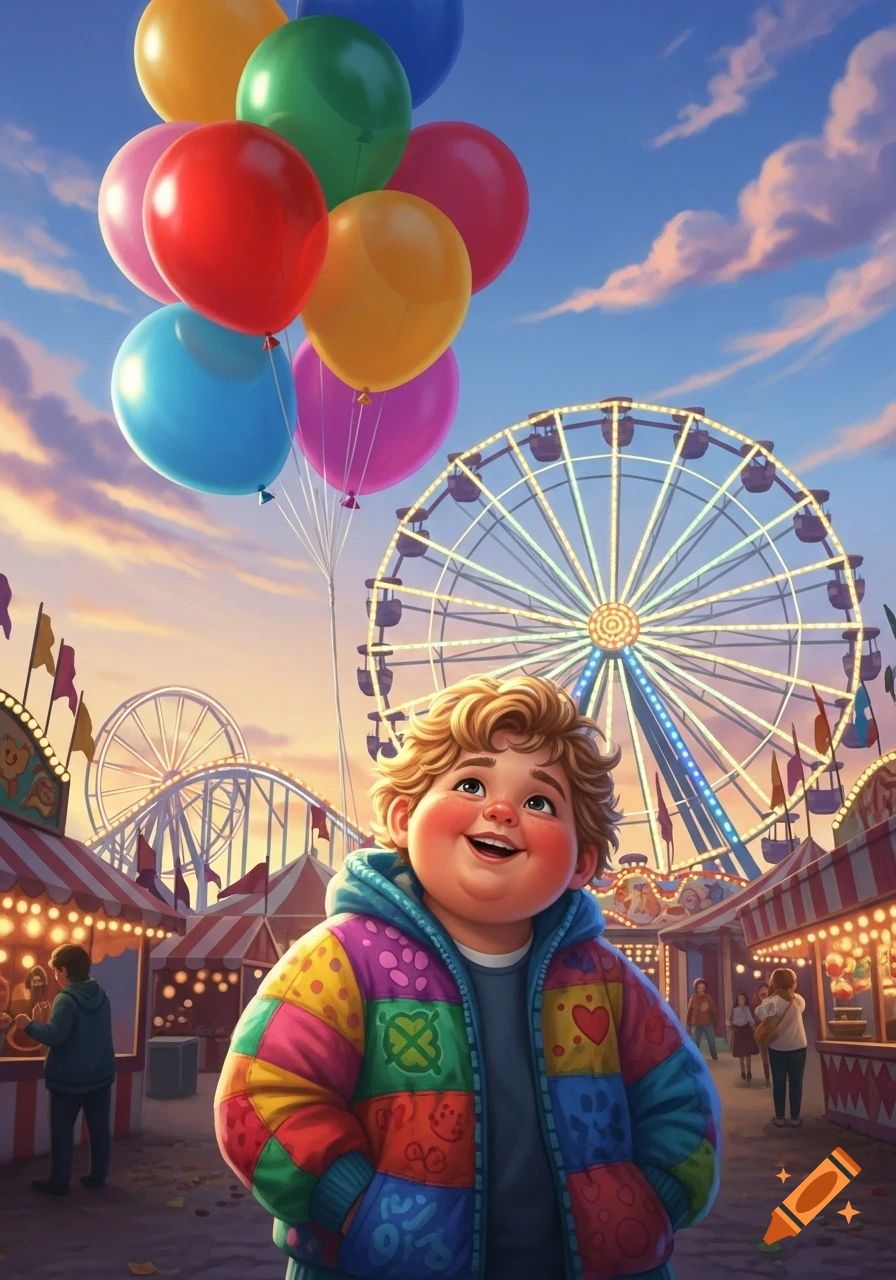 A happy, plump child with curly blonde hair and a colorful patchwork jacket holds balloons at a bustling carnival with a ferris wheel in the background.