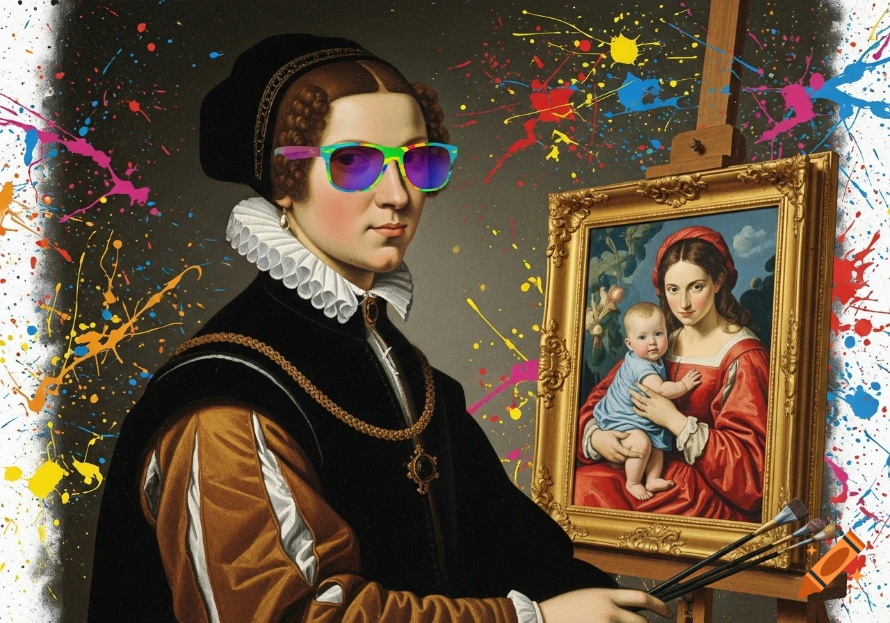 A historical portrait of a woman in colorful sunglasses, holding paintbrushes, next to an easel displaying a pop art painting, all set against a vibrant paint-splattered background.