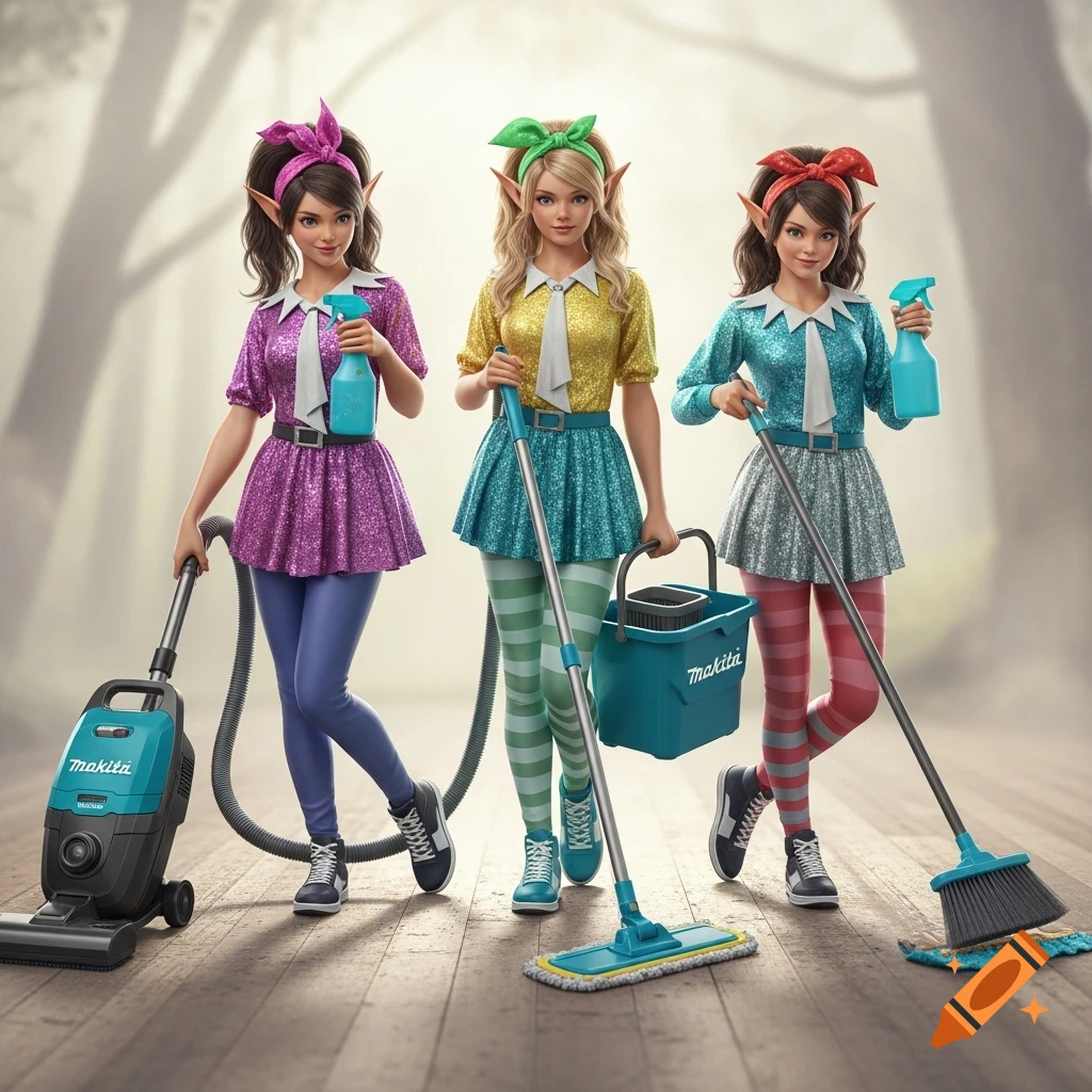 Three cute female elves in sparkly outfits hold Makita brand cleaning tools in a photorealistic fantasy style.