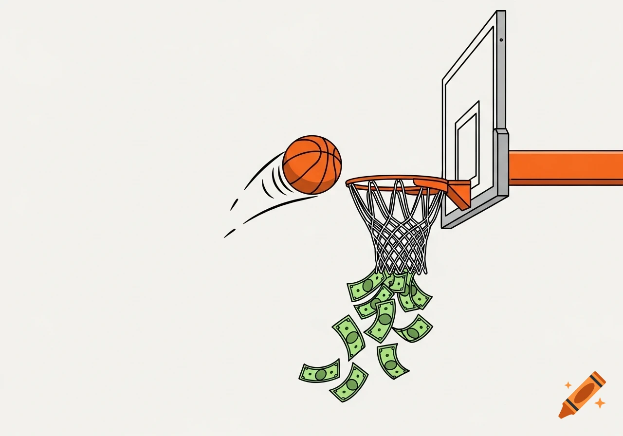 A simple cartoon drawing of a basketball going through a hoop with money falling out of the net.