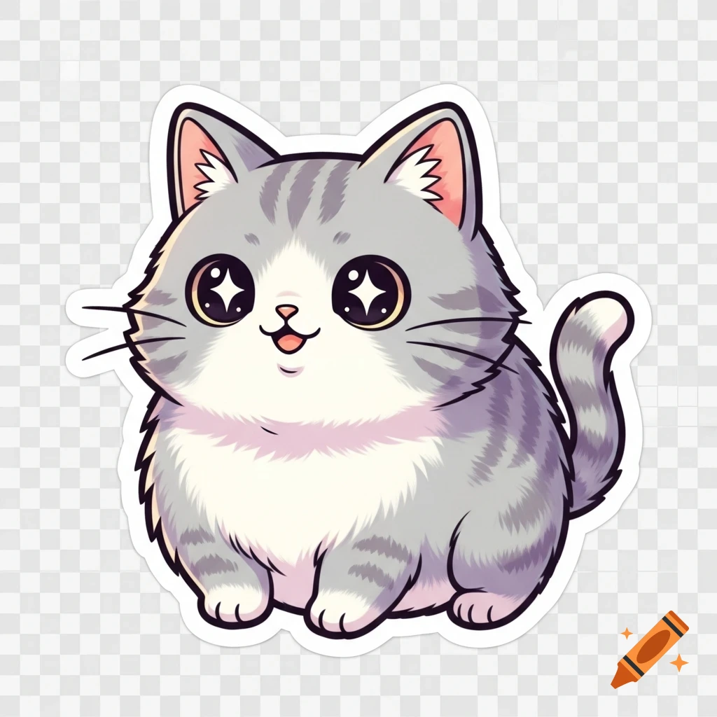A fluffy, smiling grey and white striped kawaii cat sticker with big shiny eyes and a thick white outline.