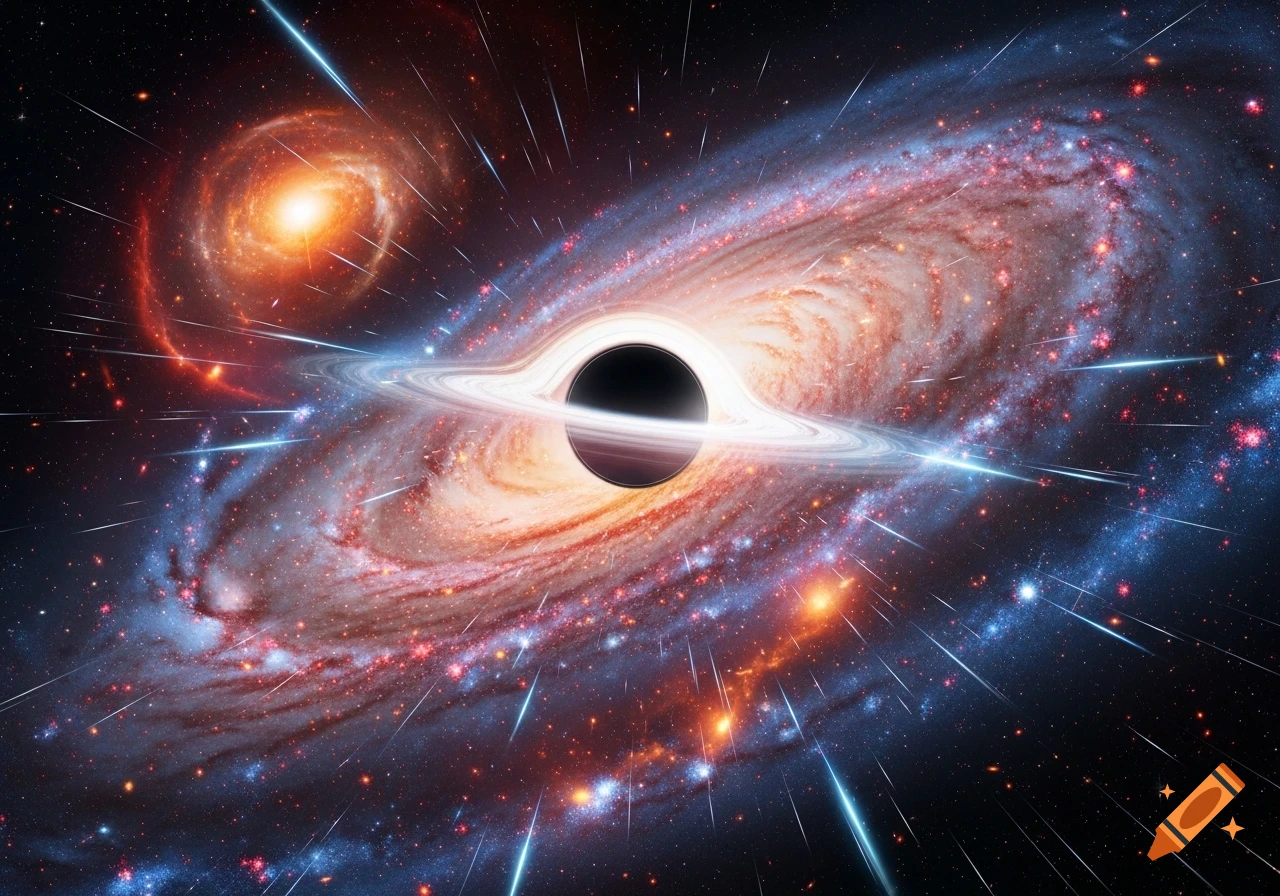 Vibrant spiral galaxy with a supermassive black hole and accretion disk at its center, with another galaxy in the background.