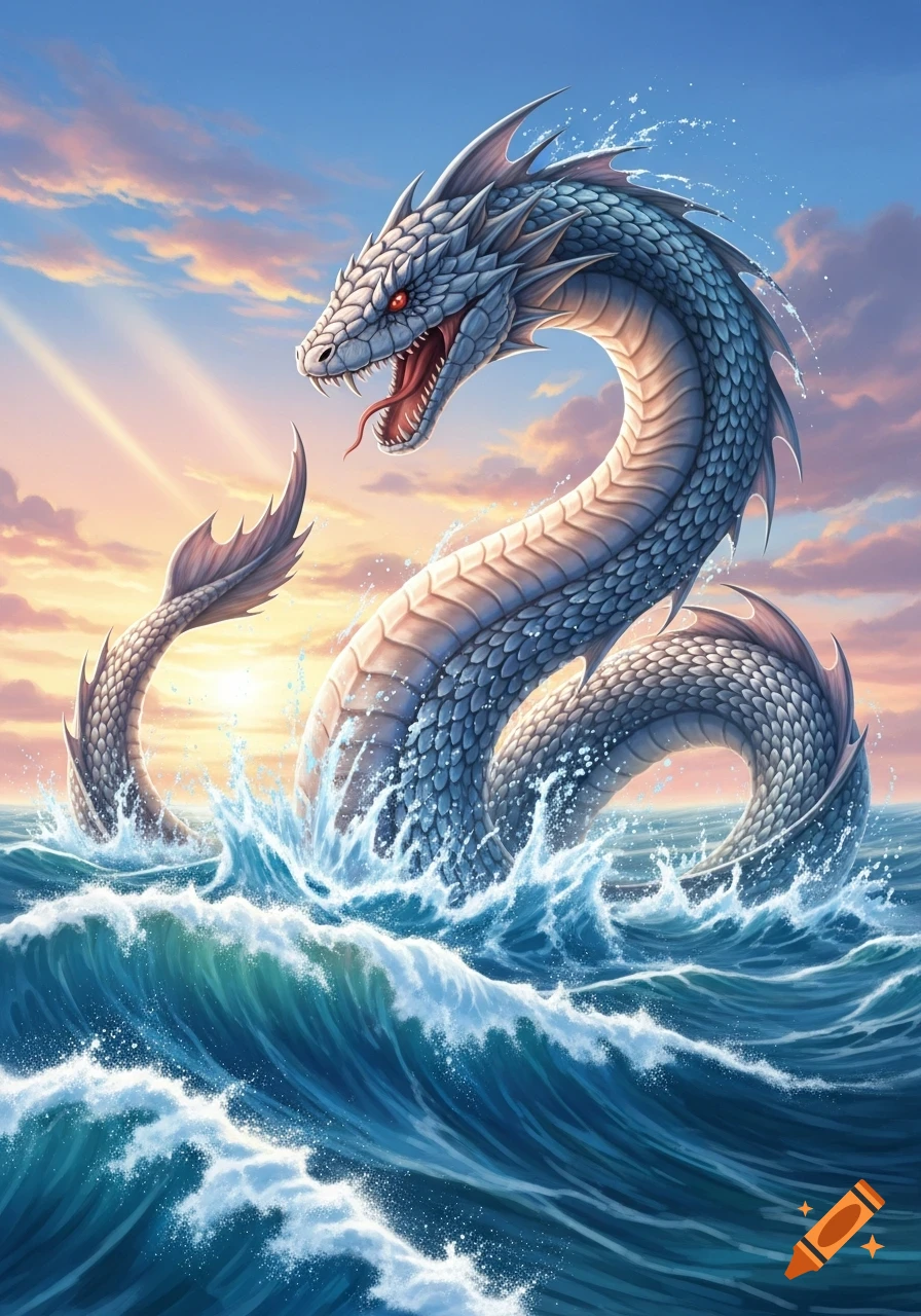 A majestic white and blue scaly sea serpent with red eyes and an open mouth emerges from tumultuous blue ocean waves under a vibrant sunset sky. Detailed fantasy illustration.