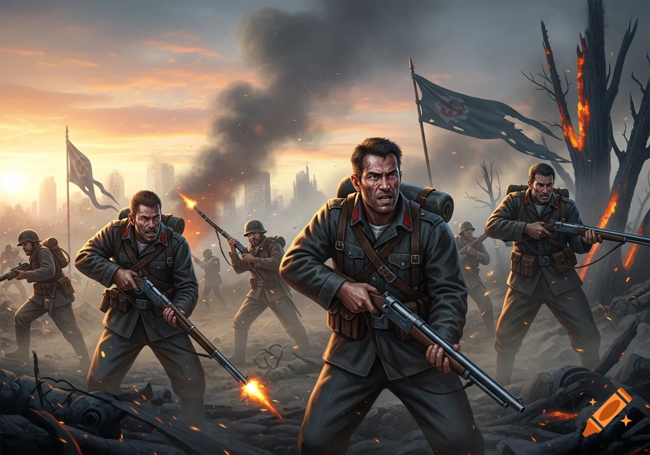 An intense, stylized depiction of soldiers in battle amidst a burning, ruined city at sunset, wielding rifles and shotguns.